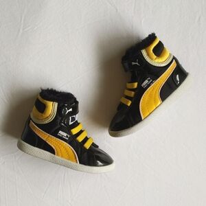 puma first round high top sneakers yellow & black patent toddler boys size 6